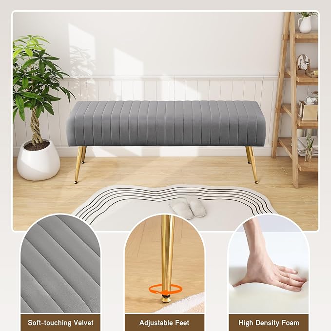 Furnimart 44 Inch Gray Velvet Modern Ottoman Bench, Modern Upholstered Bedroom - Image 6