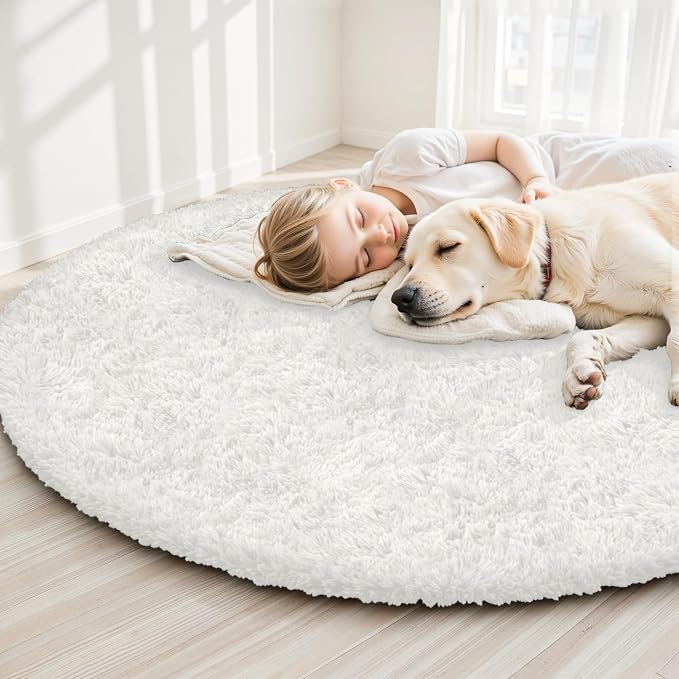White Round Fluffy Rug 5ft Plush Fuzzy Shaggy Carpet | Soft Rugs - Image 7