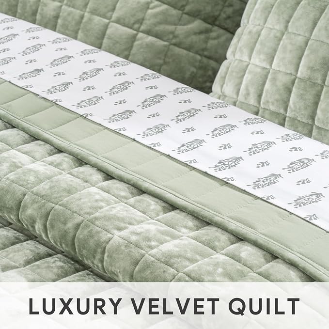 RECYCO Channel Box Stitch Velvet Quilt Set, King Size, Sage Green | Ultra Soft - Image 5
