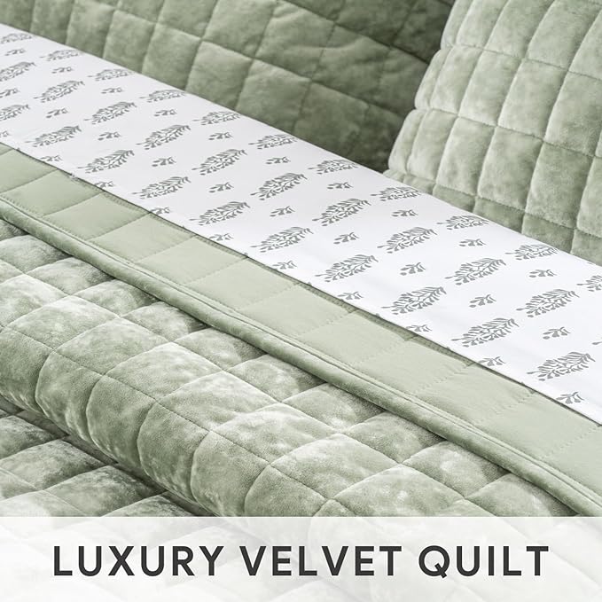 RECYCO Channel Box Stitch Velvet Quilt Set, Full Queen Size, Sage Green | Ultra - Image 5