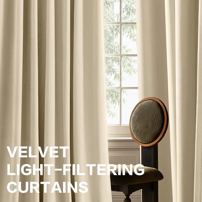 Extra Long Ivory Velvet Curtains Light Filtering Drapes Room Darkening | 50% - Image 5