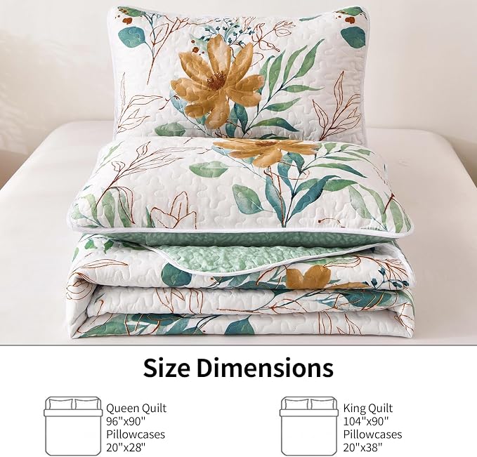 Anibedding Floral Quilt Set Full, 3 Pieces Reversible Elegant Green Leaves - Image 7