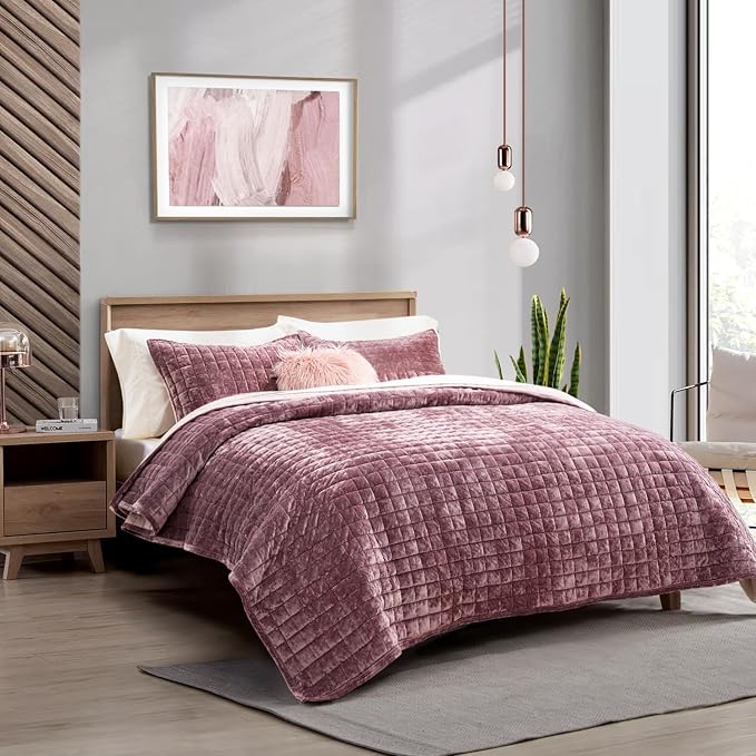 RECYCO Channel Box Stitch Velvet Quilt Set, Twin Size, Dusty Mauve Pink | Ultra by RECYCOHOMECOLLECTION