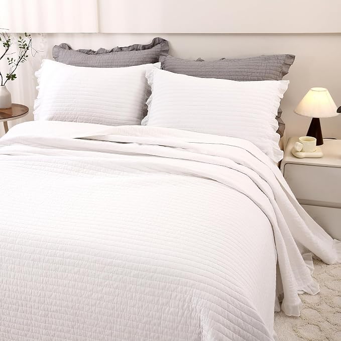 ROOMLIFE Quilt Set Full Size 3D Floral Embroidery Pattern 3-Piece Cotton - Image 3