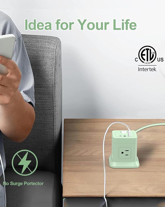 FDTEK Cube Power Strip USB C, 4 Outlets 3 USB 10 FT Extension Cord Green | 10ft - Image 4