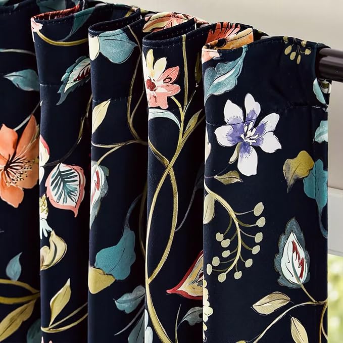jinchan Dark Blue Floral Blackout Curtains 63 Inch Back Tab 2 Panels | Room - Image 7