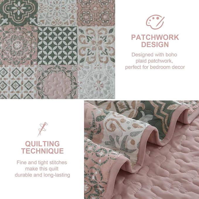 Quilt Set Queen Boho Plaid Patchwork Bedspreads Coverlet, Blush Pink | 3Pcs - Image 4