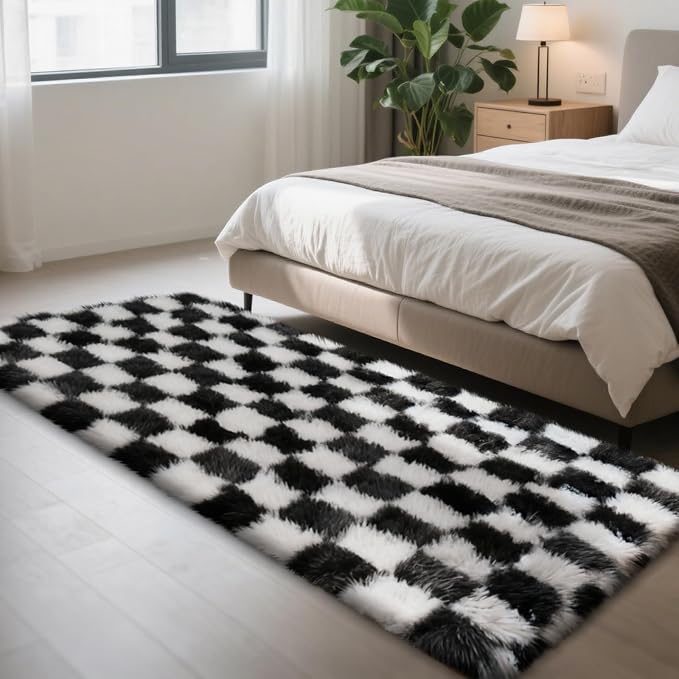 Black and White 3x7 Area Rugs for Bedroom, Fluffy Rug Small Bedside Carpet | by Yongyangjuxi