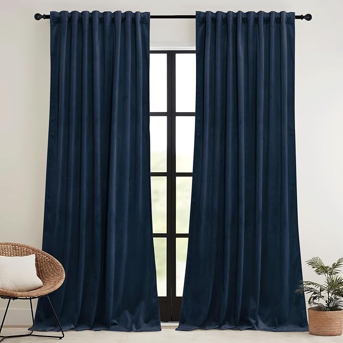 RYB HOME Navy Blue Velvet Blackout Curtains 96 inches - Image 2