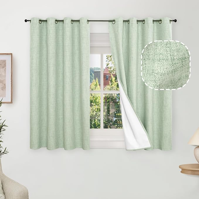 Linen Blackout Curtains 54 Inches Long 2 Panels Each 52 Wide Sage | Thermal by Lajode