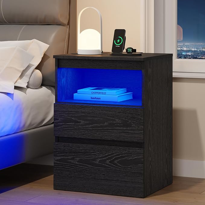 Nightstands with Charging Station, LED Lights and Drawer, Sofa Side End Tables - Image 7