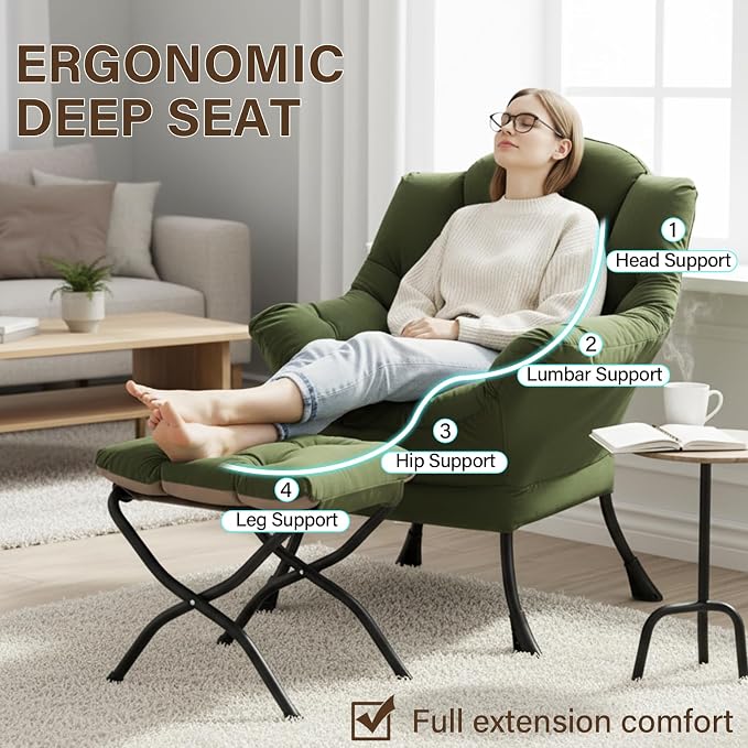 Welnow Lazy Chair with Ottoman, Reading Chair with Footrest，Army Green | A Side - Image 8
