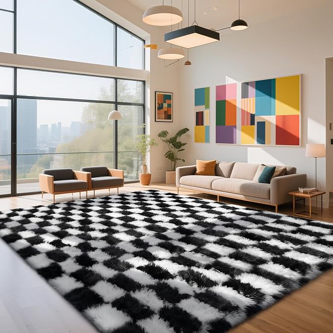 Black and White 6x9 Area Rugs for Bedroom, Fluffy Shag Rug Bedside Carpet | - Image 3