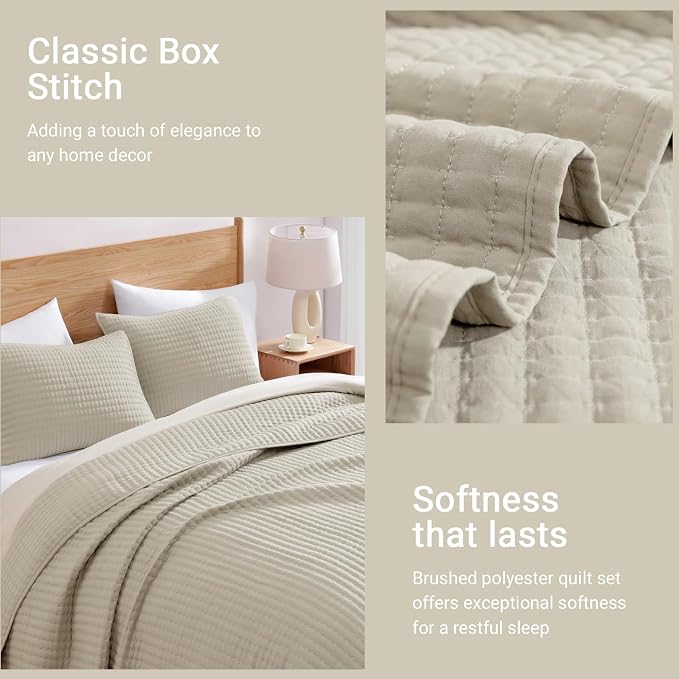 Queen Quilt Lightweight Bedspreads Oatmeal Queen Size Quilt Bedding Set | Soft - Image 6