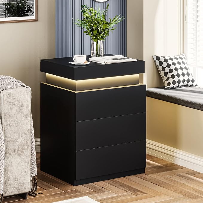 ADORNEVE Black Nightstand with Charging Station and LED Lights | Modern Night - Image 7