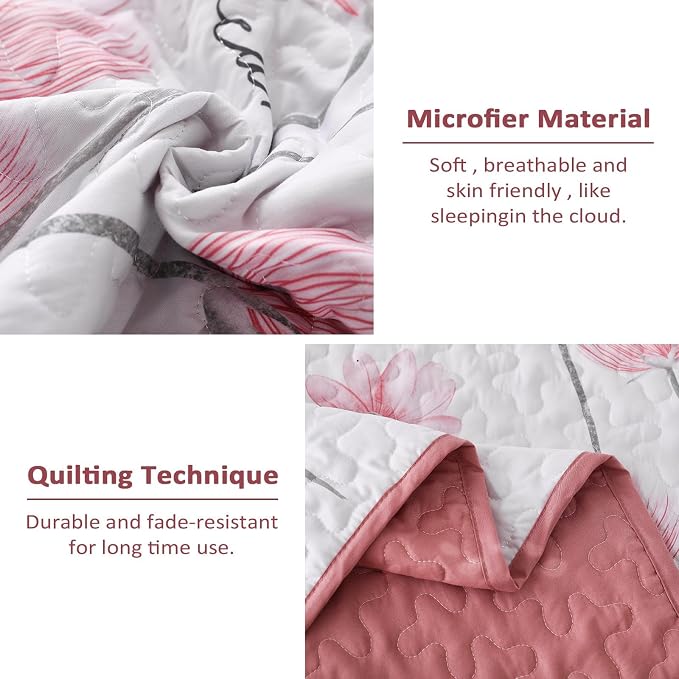 Dinjoy Floral Quilt Set Queen, Cozy Lightweight Microfiber, Light Pink Floral - Image 5