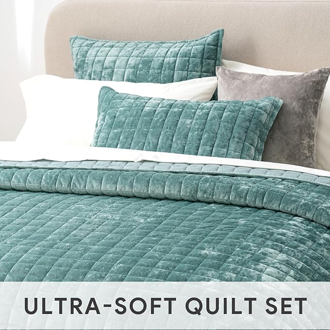 RECYCO Channel Box Stitch Velvet Quilt Set, Twin/Twin XL Size, Aqua Green | - Image 5