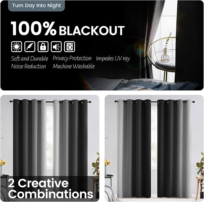 SimpleHome 100% Blackout Ombre Bedroom Curtains Black and Greyish White - Image 2