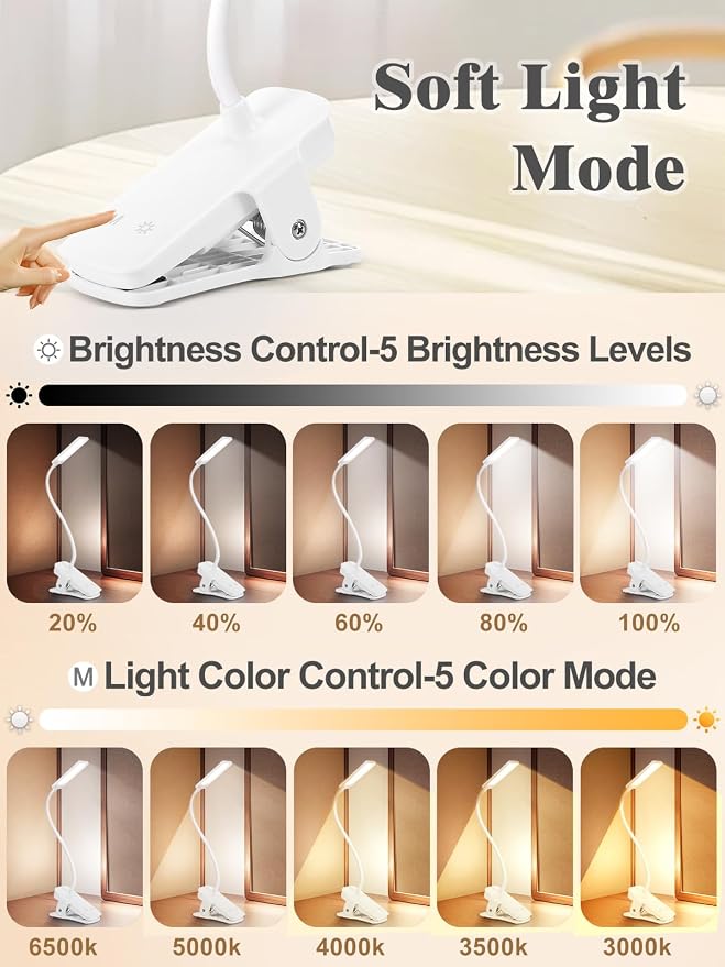 Eye Caring Clip on LED Bed Light 5 Color 5 Brightness Rechargeable Wireless | - Image 2
