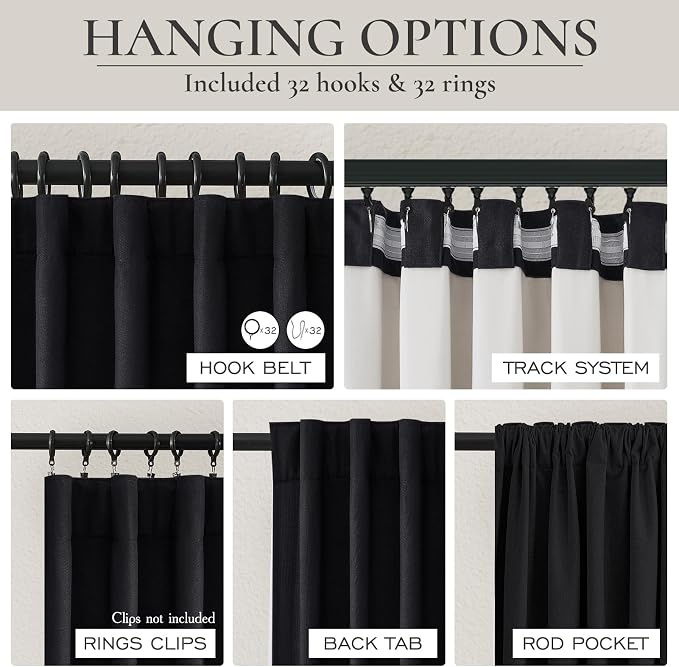 QJmydeco Room Darkening Black Curtains 108 Inches Long 2 Panels, 9ft Neutral - Image 4