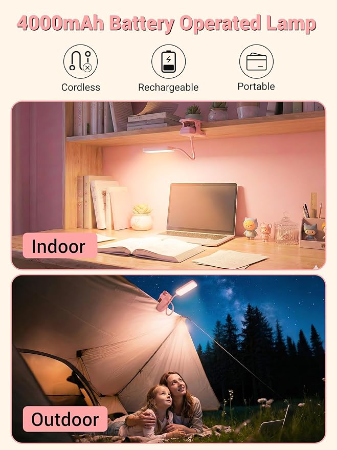 Pink Desk Lamp for Dorm Lamp, 9 Brightness+5 Color Clip on Light, Cute Lamp | - Image 4
