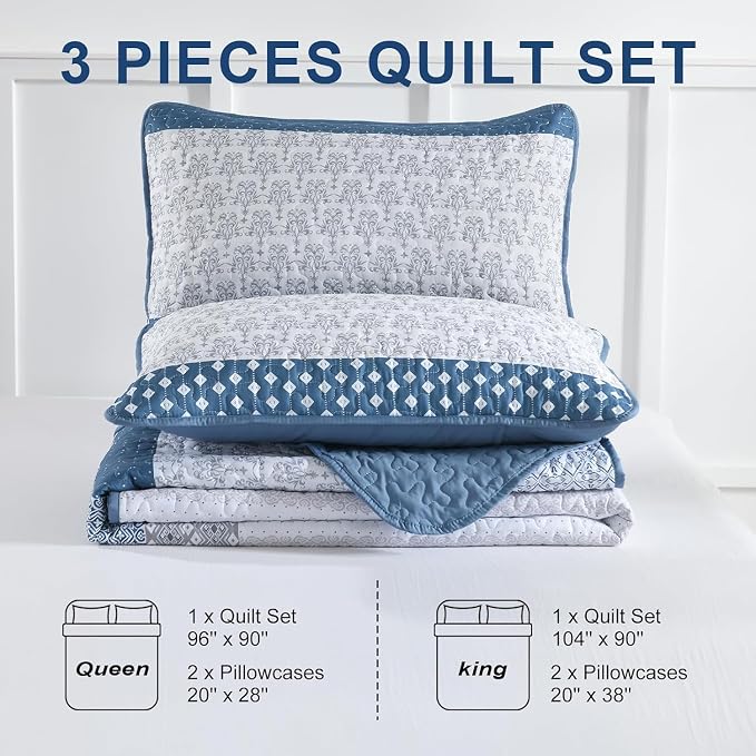WONGS BEDDING Blue Full Size Quilt Set, Bohemian Striped Bedspreads | - Image 8