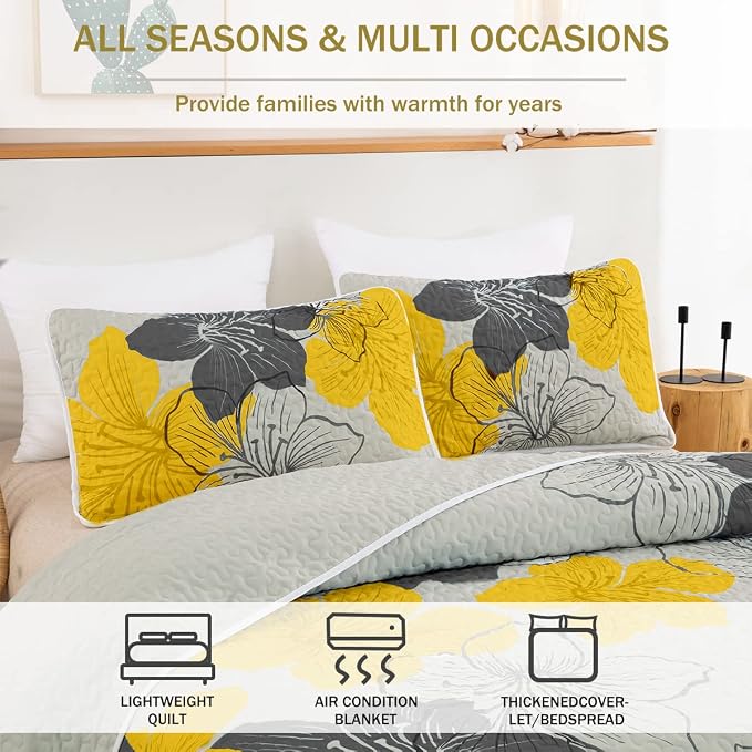 DJY 3 Pieces Quilt Set Queen Yellow Floral Pattern Quilt Coverlet Elegant Boho - Image 3