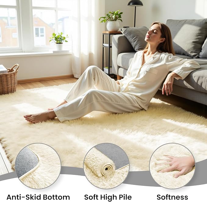 6x9 Fluffy Area Rug for Living Room: Non-Slip Cream White Bedroom Carpet | - Image 5