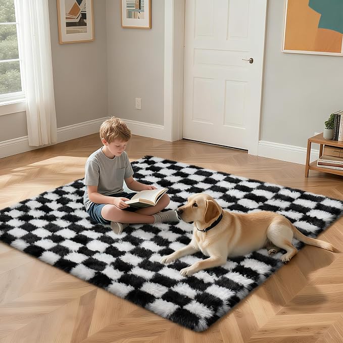 Black and White 3x7 Area Rugs for Bedroom, Fluffy Rug Small Bedside Carpet | - Image 4