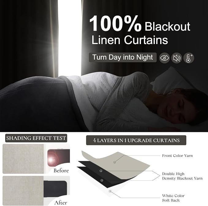 Blackout Curtains 100 Inches Extra Wide Natural Linen Curtains 84 Inch Length - Image 2