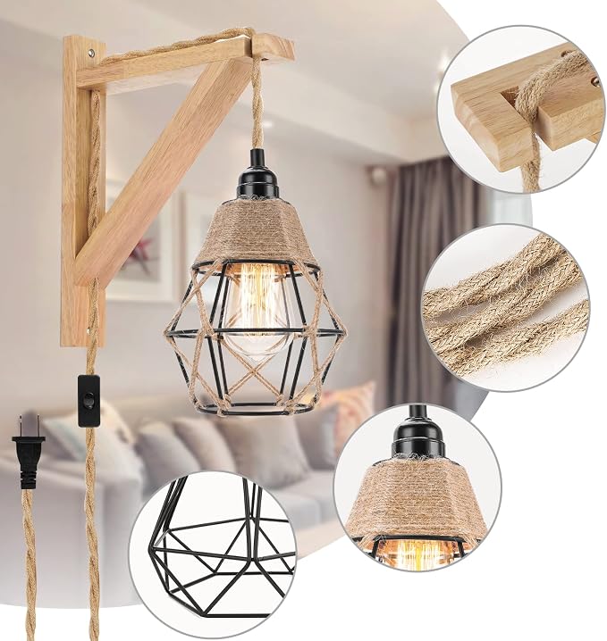 Frideko Plug in Wall Sconce Boho Farmhouse Hanging Wall Lamp - Image 8