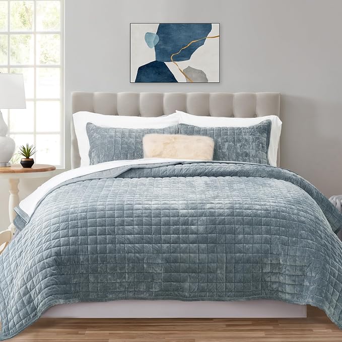 RECYCO Channel Box Stitch Velvet Quilt Set, Full Queen Size, Luxury Oversized - Image 2