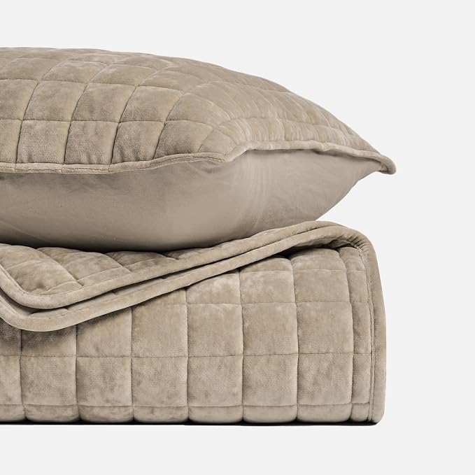 RECYCO Channel Box Stitch Velvet Quilt Set, King Size, Urban Taupe | Ultra Soft - Image 5