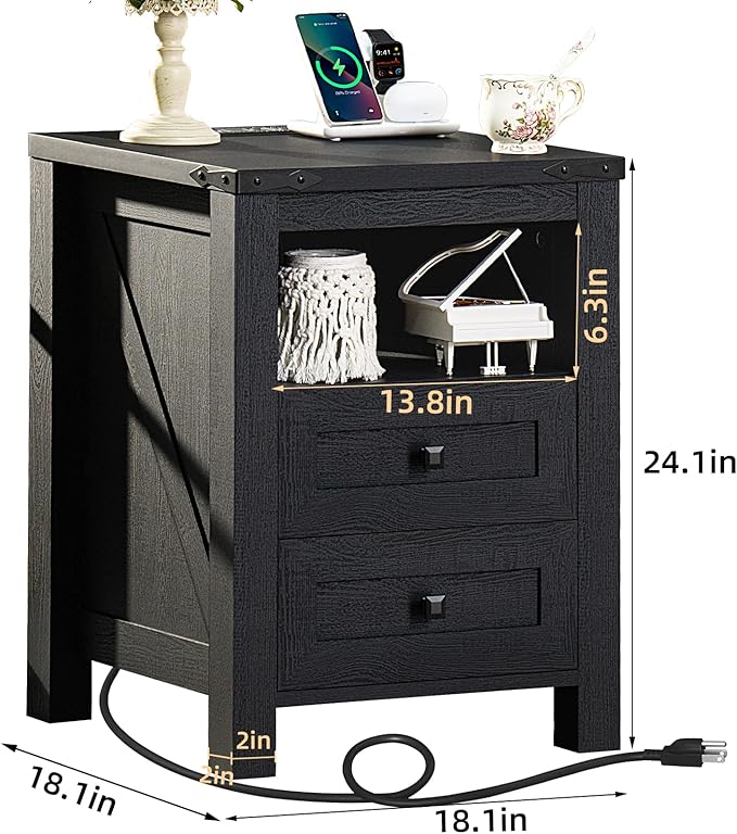 Joaxswe Nightstand with Charging Station and 2 Drawers, Farmhouse | Black Night - Image 2