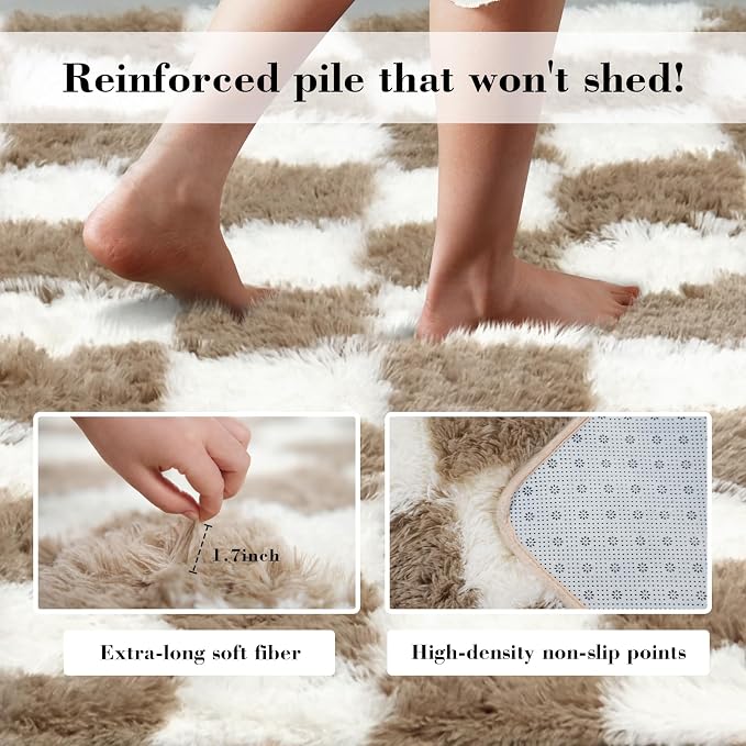 Beige and White 5x8 Area Rugs for Bedroom, Fluffy Shag Rug Bedside Carpet | - Image 6