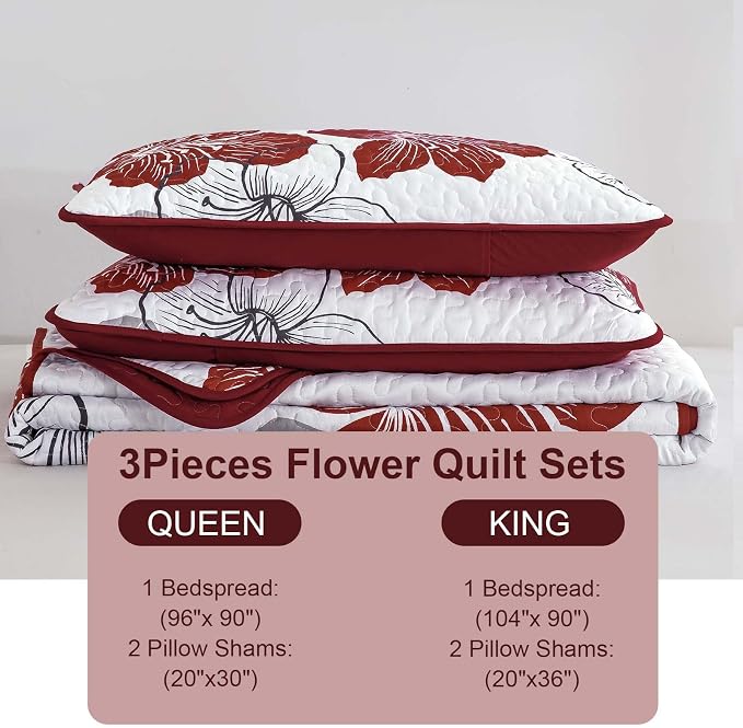 DJY Christmas Red Floral Quilt Set King 3 Pieces Floral Bedding Quilt Set Soft - Image 8