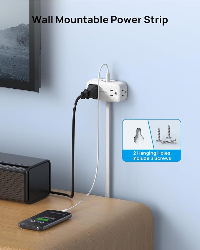 TROND 360° Rotating Flat Plug Power Strip 8ft, 4 Widely AC Outlets, Wall Mount - Image 7