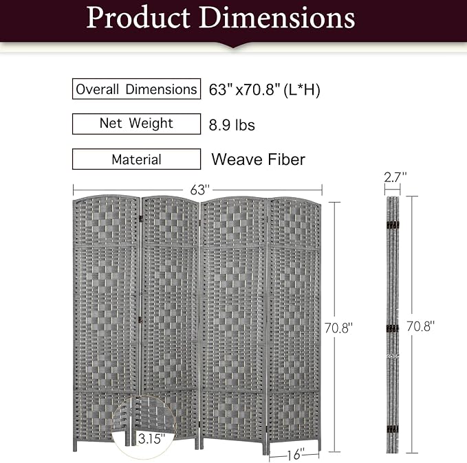 RHF Room Divider Panel, Partition Room Dividers, 4 Panel Privacy Screen - Image 2