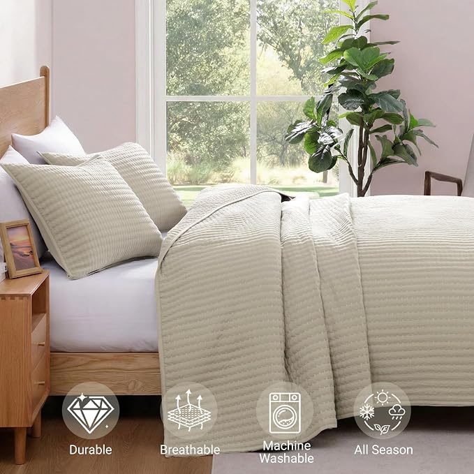Queen Quilt Lightweight Bedspreads Oatmeal Queen Size Quilt Bedding Set | Soft - Image 5