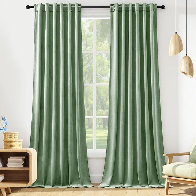 Sage Green Velvet Blackout Curtains 102 Inches by AUSSPVOCT