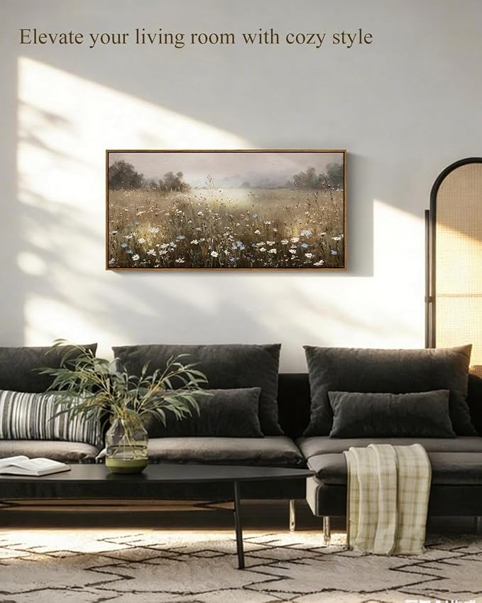InSimSea Extra Large Framed Vintage Wall Art, Retro Wildflower Field, 20x40In | - Image 4