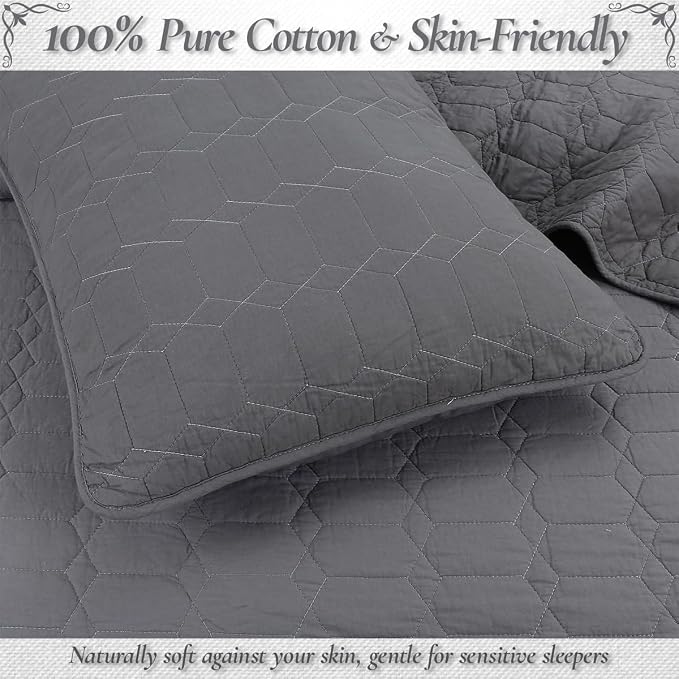 Cozy Line Home Fashions 100% Cotton Quilt Set – 3-Piece Charcoal Gray Solid - Image 6
