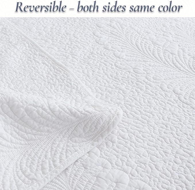 Cozy Line Home Fashions White 100% Cotton Quilt Set King | 3-Piece, Quilted - Image 3