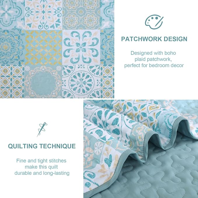 Dobuyly Queen Quilt Set Aqua Blue Patchwork Bedspread 3 Piece | Vintage Floral - Image 5