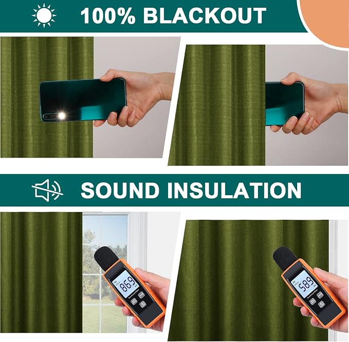 Diraysid 100% Blackout Curtains Olive Green Linen Curtains - Image 6