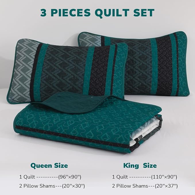 Dinjoy Boho Striped Quilts, Bedspread Queen Size Bedding Sets, Dark Green | 3 - Image 6