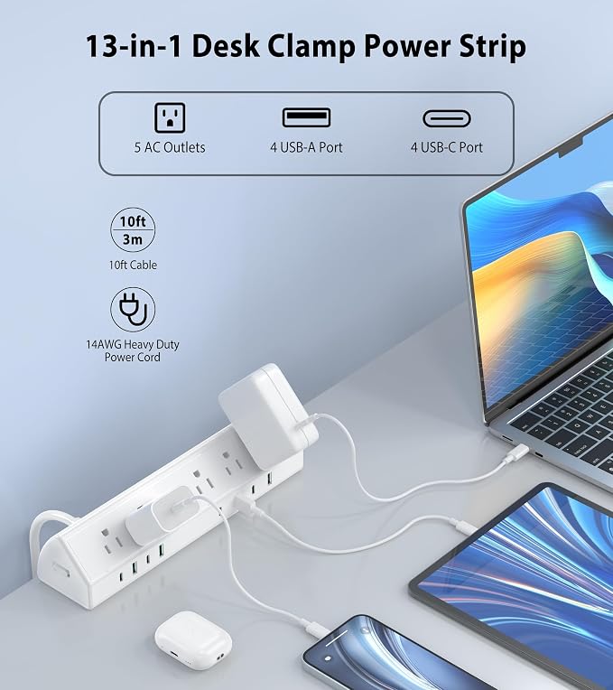 Jgstkcity Desk Clamp Power Strip USB C 45W, 8 USB, 10FT Cable, Edge Mount - Image 2