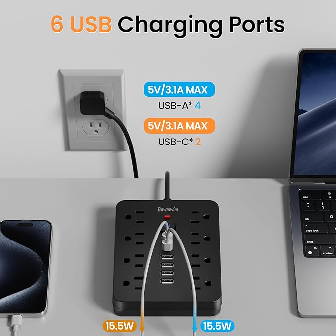 Surge Protector Power Strip, 8 Outlets, 6 USB Charging Ports, 10FT Flat Plug - Image 4