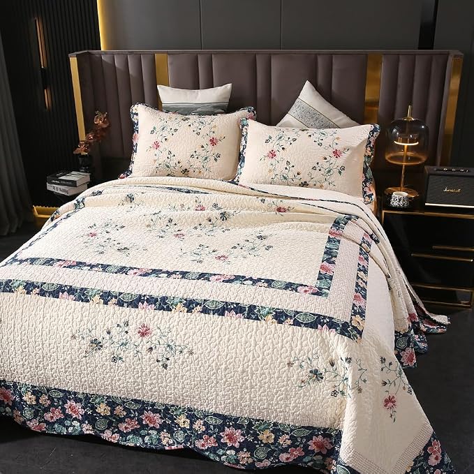 ROOMLIFE Quilt Set Queen Floral Leaves 3D Embroidery Pattern 3-Piece Cotton | - Image 5