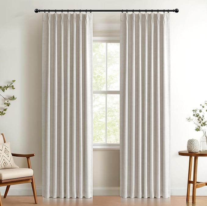 Pinch Pleated Full Blackout Faux Linen Curtains 108 Inches Long | Beige by 100BlackoutShield